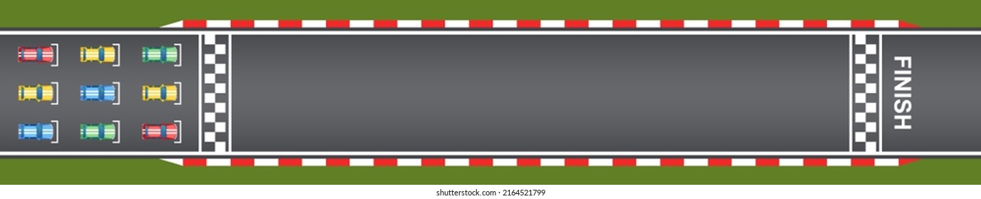 Racing track top view with cars, start and finish lines. Roadway for sport race kart. Grunge textured. Kit for Infinity race. Track with start, finish and line on road. Drift 3d traffic background