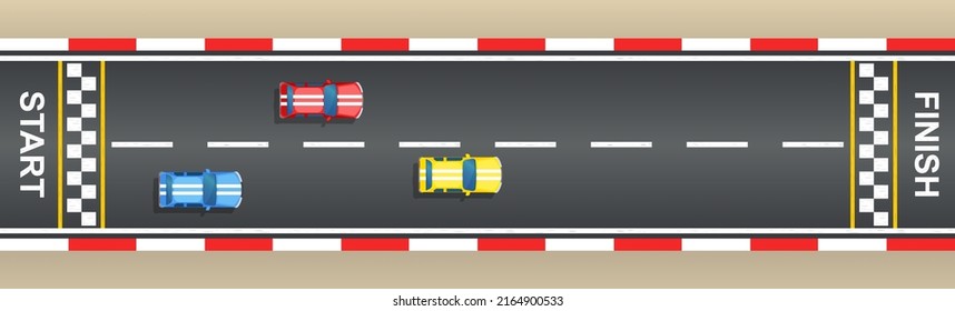 Racing track top view with cars, start and finish lines. Roadway for sport race kart. Grunge textured. Kit for Infinity race. Track with start, finish and line on road. Drift 3d traffic background