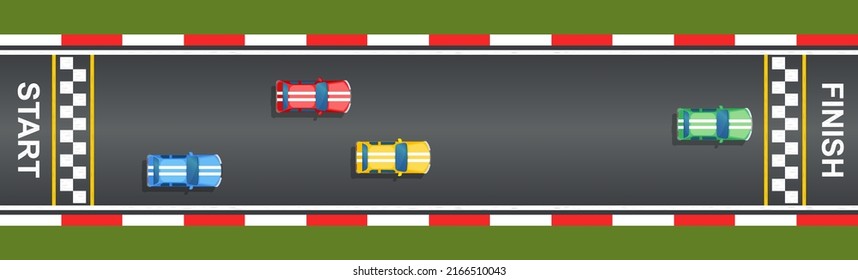 Racing track top view with cars, start and finish lines. Roadway for sport race kart. Grunge textured. Kit for Infinity race. Track with start, finish and line on road. Drift 3d traffic background