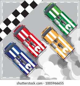 Racing trucks at the finish. View from above. Vector illustration.