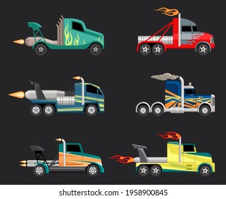 Racing trucks set. Powerful futuristic cars with jet engines fashionable coloring for extreme sports high speed on massive wheels with flying flames and body paint. Cartoon adrenaline vector.