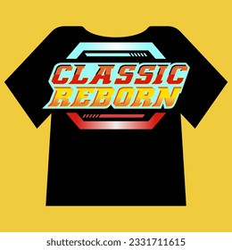 Racing t-shirt design, classic reborn text logo, yellow and red background, cyan with yellow variations, suitable for design, racing children's t-shirts, templates, content, garment t-shirt advertisem