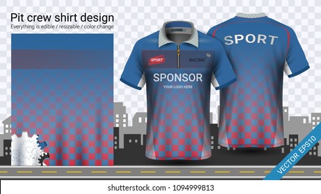 Racing t-shirt with zipper, Sport apparel mockup template, Create clothing and uniforms for your team such as soccer or football kit, pit crew, Everything is edible, resizable and color change.