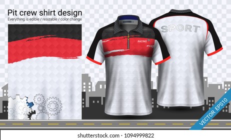 Racing t-shirt with zipper, Sport apparel mockup template, Create clothing and uniforms for your team such as soccer or football kit, pit crew, Everything is edible, resizable and color change.