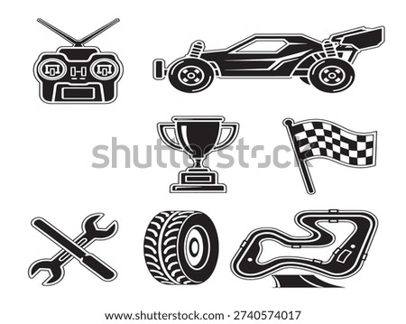 Racing vector icons set with trophy and checkered flag