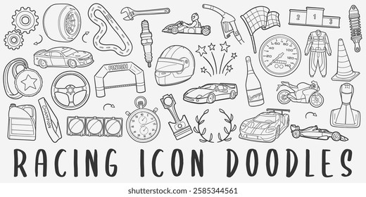 Racing Vehicles Doodle Icons Black and White Line Art. Speed Clipart Hand Drawn Symbol Design.