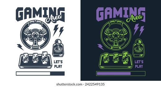 Racing video games vintage style poster with steering wheel and pedals for car simulator and words gaming area vector illustration