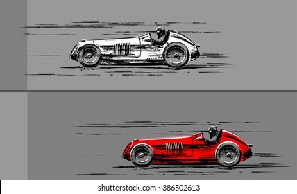 racing vintage car,  white and red