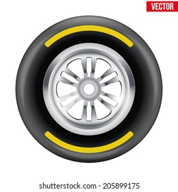 Racing wheel and tire symbol with yellow strip. Vector Illustration isolated on white background.
