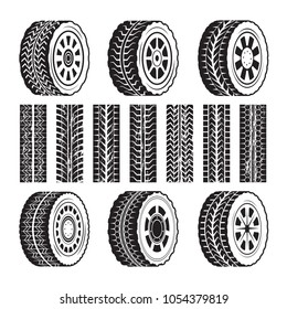 Racing wheels and their protector shapes. Car race rubber black pattern outline. Vector illustration