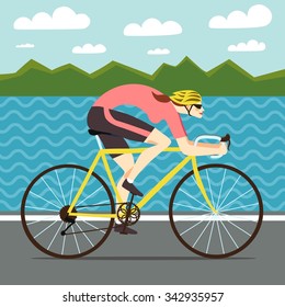 Racing woman cyclist riding on the road near the sea and mountains. Fast lady road biker. Editable vector illustration. 