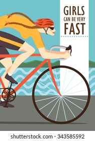 Racing woman cyclist riding on the road near the sea and mountains.Poster for competition or other cycling event. Fast lady road biker. Editable vector illustration. 