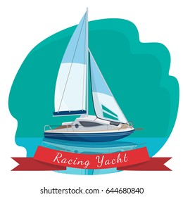 Racing yacht with sails drifting in sea vector illustration isolated