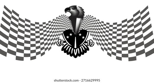 Un águila inspirada en las carreras posada sobre un pistón y una rueda con banderas a cuadros, que simbolizan la fuerza, la mecánica y la cultura de la velocidad.