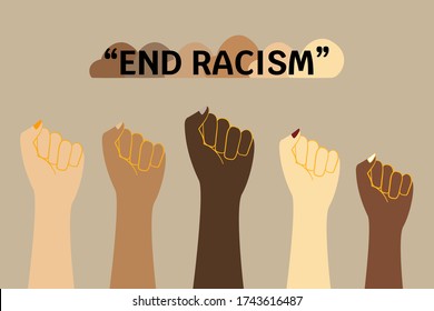 Racism banner. End racism concept with fisted hands. Racial discrimination problems.