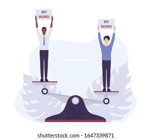 Racism concept. Discrimination and enequal treatment based on race. White man word against Afro-american man word. Vector illustration isolated on white.