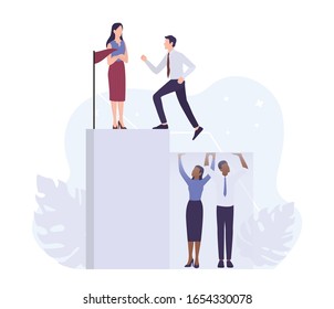 Racism concept. Discrimination and enequal treatment based on race. White businessman and business woman climbing a career ladder. Isolated vector illustration.