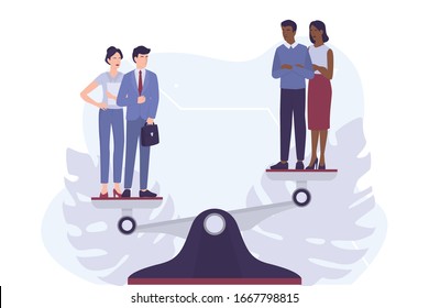 Racism concept. Discrimination and enequal treatment based on race. White man and woman against afro-american man and woman. Recruitment racism. Vector illustration isolated on white.