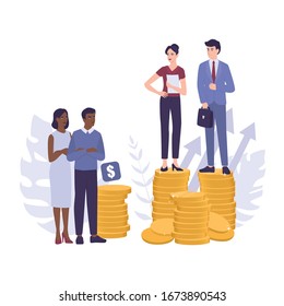 Racism concept. Discrimination and enequal treatment based on race. Businessman and businesswoman on piles of coins. Inequal payment and career problem of people of colors. Vector illustration