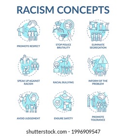 Racism Concept Icons Set. Fighting Racial Discrimination, Intolerance Idea Thin Line Color Illustrations. Stop Police Brutality. Avoiding Judgement. Vector Isolated Outline Drawings. Editable Stroke