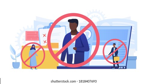 Racism and discrimination at work showing assorted people being excluded for their cultural backgrounds in the workplace, colored vector illustration