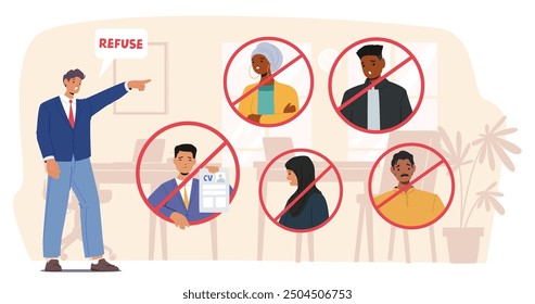 Racism And Discrimination In The Workplace. Cartoon Vector Illustration Shows A Manager Refusing Job Candidates Of Diverse Backgrounds. Concept Of Workplace Bias, Prejudice, And Unfair Treatment