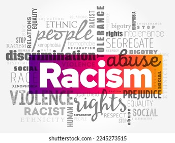 Racism - process by which systems and policies, actions and attitudes create inequitable opportunities for people based on race, word cloud concept background