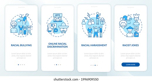 Racism In Society Onboarding Mobile App Page Screen. Racial Harassment Walkthrough 4 Steps Graphic Instructions With Concepts. UI, UX, GUI Vector Template With Linear Color Illustrations