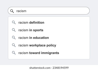 Racism topics search results. Racism and discrimination concept online search engine autocomplete suggestions.