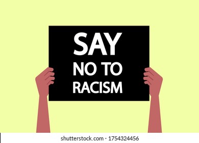 Concepto de vector de racismo: manos afroamericanas no identificadas sosteniendo un afiche escrito "Di no al racismo"