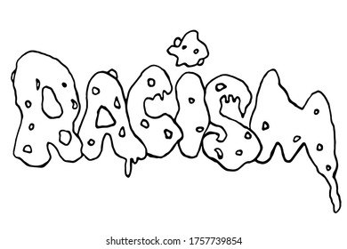 Racism - vector outline lettering doodle handwritten on theme of antiracism, protesting against racial inequality and revolutionary design. For flyers, stickers, posters
