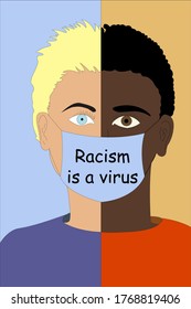 Racism is a virus. White and black guy. Stop racism. Illustration of guys. Vector
