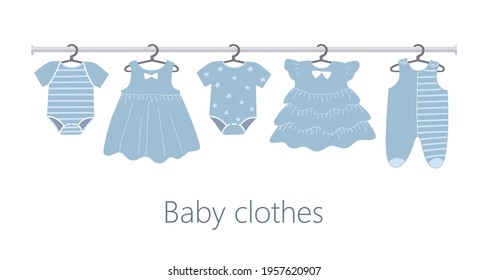 Rack with baby clothes on hangers. There are dresses, overalls and other children's things in the picture. Vector flat illustration