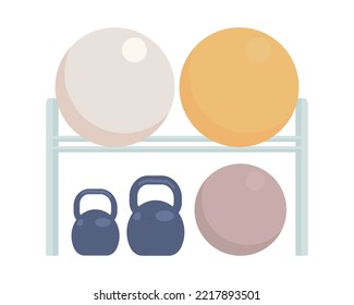Rack with balls and kettlebells semi flat color vector object. Editable element. Full sized item on white. Gym simple cartoon style illustration for web graphic design and animation