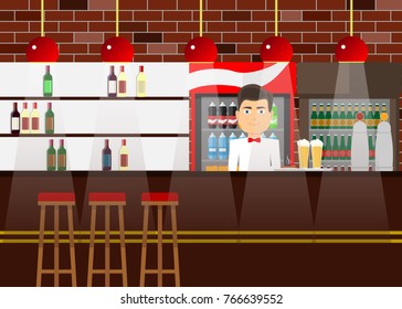 Rack bar with a barman, alcohol, drinks. Bar counter. Flat design, vector illustration, vector.