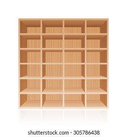 Rack or bookshelf - wooden texture optic - with twenty four empty cubbyholes. Isolated vector illustration on white background.