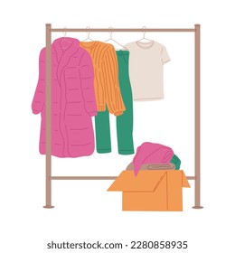 Rack and box with used clothing for swap party or second hand market sales, flat vector illustration isolated on white background. Flea market and swapping clothing.