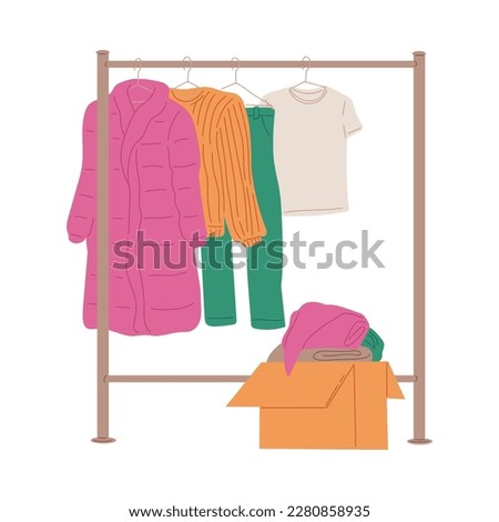 Rack and box with used clothing for swap party or second hand market sales, flat vector illustration isolated on white background. Flea market and swapping clothing.