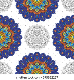 Rack card with circle floral pattern. Template for advertising brochure, greeting card or wedding invitation, ticket, flyer, coupon for cosmetic shop, beauty salon, yoga classes. Ready for your text.