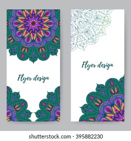 Rack card with circle floral pattern. Template for advertising brochure, greeting card or wedding invitation, ticket, flyer, coupon for cosmetic shop, beauty salon, yoga classes. Ready for your text.