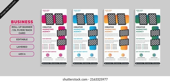 Rack Card or DL Flyer design template in three different colors blue orange pink. This geometric roll-up banner like flyer layout is used as an advert ad placard leaflet for promotion and publication