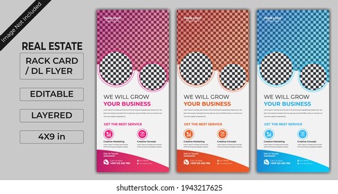 Tarjeta de rack o Vector de plantilla de volante Dl. Plantilla de negocio de DL Corporate para volante, promoción y publicidad. Disposición con elementos modernos y fondo abstracto. Diseño de pancarta vectorial de volante creativo