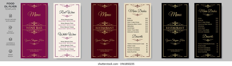 Rack Card Food DL Flyer Template, Simple Style And Modern Layout, Luxury Design, Wine Menu