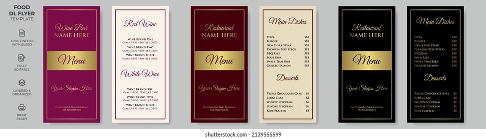 Rack Card Food DL Flyer Template, Simple Style And Modern Layout, Luxury Design, Wine Menu