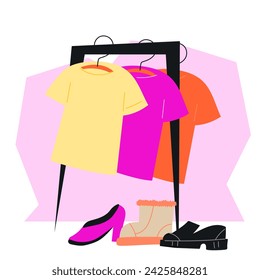 Rack with clothes, flat vector illustration isolated on white background. Clothes for fashion, sale, garage sale or second hand design projects.