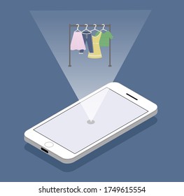  Rack with clothes over smartphone. On blue background. Isometry Concept for shopping for clothes, mobile application, shopping with smartphone, business