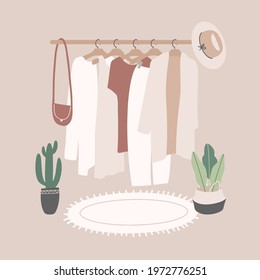 Rack with clothes in a store or at home.  Capsule wardrobe.  Sustainable fashion.  Slow and reasonable consumption.  Eco-friendly lifestyle. Vector illustration.