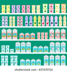 rack with dairy products in the store. milk and cream, yogurt, and ice cream. vector illustration. supermarket.