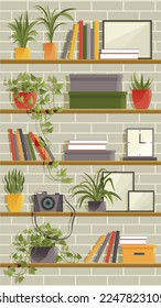 Rack with different items flat color vector object. Shelving unit. Furnishings, bookshelves with potted plants, boxes and books. Home library. Shelf with decorations. Office or home furniture