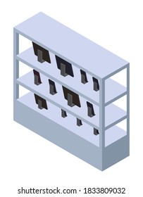 Rack with digital modern devices, for tech shop, store of mobile phones, tablets, cellphones, electronic gadgets, commercial market, shelves with electronic devices, isolated isometric symbol